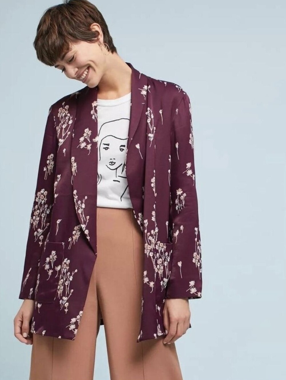 Ett Twa Anthropologie Butgundy Tavie Blazer Boho Floral Satin Jacket Size Small